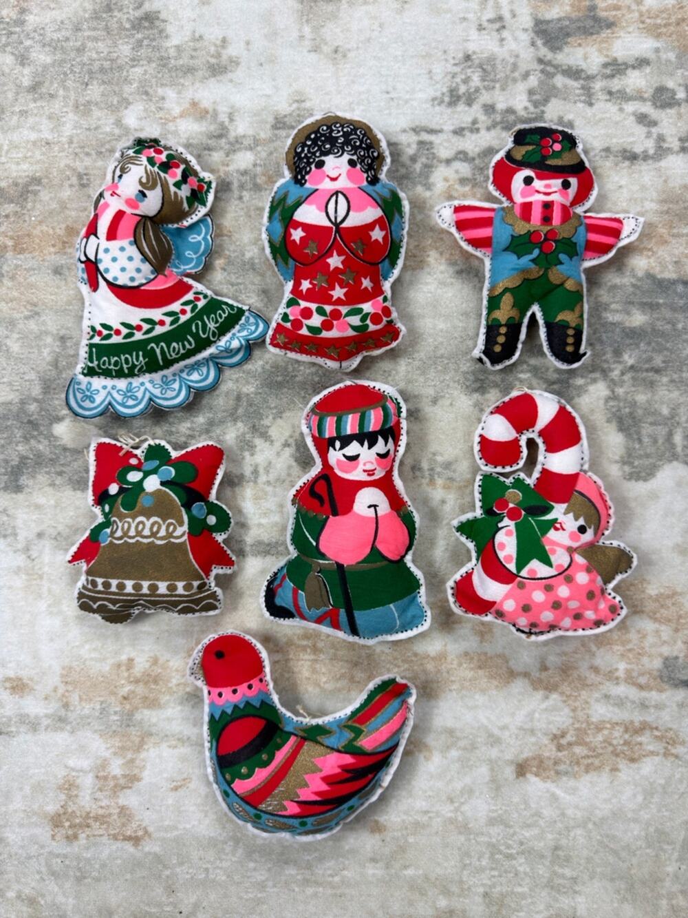 Vintage 1960s 1970s Handmade Felt Christmas Ornaments Lot of 7 Retro Holiday